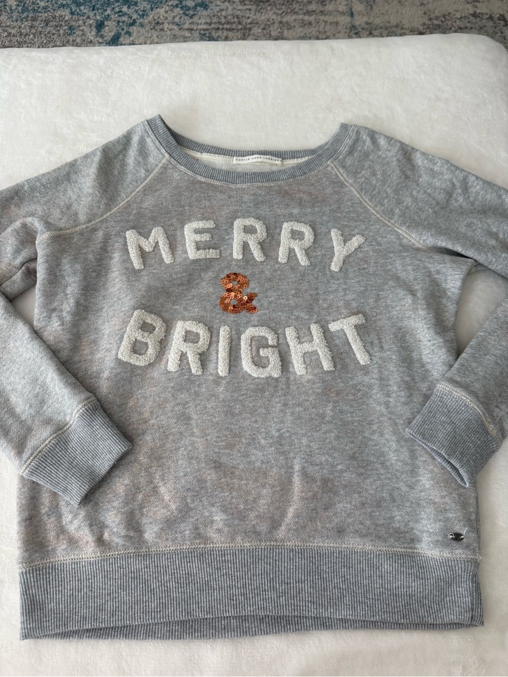 American Eagle M Merry & Bright Sequin Graphic Pullover Sweatshirt Gray D97